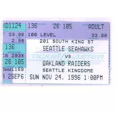 1996 Oakland Raiders @ Seattle Seahawks - Nov 24 ~ Ticket Stub  Kingdome • $5.99