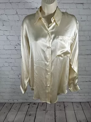 VTG Alan Menchel Champagne 100% Silk Long Sleeve Button Up Shirt Women’s Size 10 • $21