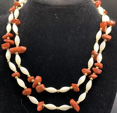 Vintage Mona So Red Jasper Mother Of Pearl 33 Inch Necklace • $9.99