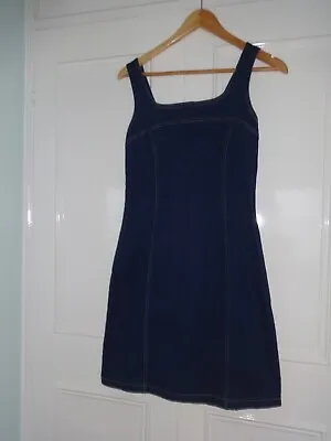 H&M Ladies Denim Dark Blue Pinafore Dress UK 10 [ EU 38] Knee Length Stretchy • £7.50