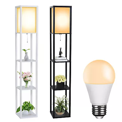 £34.99 • Buy Wooden Shelf Floor Standard Lamp Lounge Reading Light 3-Tiered Shelving W/ Bulb
