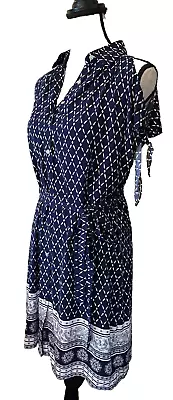 ESLEY Womens Border Print Shirt Dress Navy/White Button W Belt Cold Shoulder Sm • $24.99