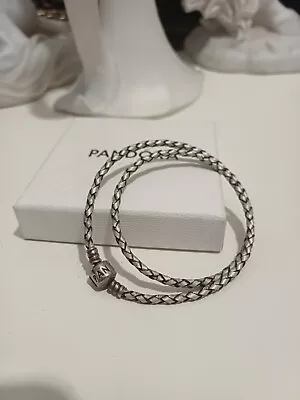 Genuine Pandora Silver  Leather Double Wrap Bracelet  S925 ALE 38cms • £10.50