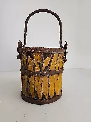 Primitive French Pail W/ Iron Handle And Straps Chippy Patina! Country • $59.97