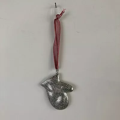 Christmas Ornament Mitten Silver Metal Holiday Decoration Red White Ribbon NEW • $9