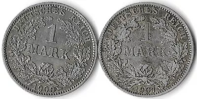 Lot Of 2 German  1 Mark Coins 1900-E  & 1907-A Nice Details    *90% Silver Coins • $6.50