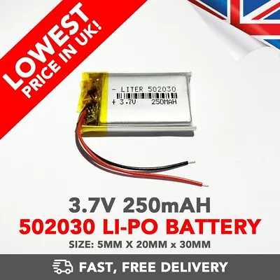 3.7V 250mAh Li-Po Battery (502030) Rechargeable Lithium Cell  (+Device) • £4.29