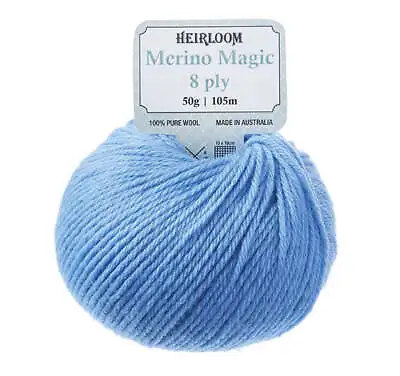 $6.70 • Buy Heirloom 50g  Merino Magic  8-Ply 100% Wool Knitting Yarn