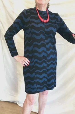 $58 • Buy GORMAN Size 14 DRESS Black/Navy WAVY STRIPES Long Sleeves COTTON Sheath