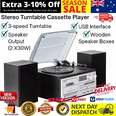 Stereo System Turntable Vinyl Record Player Cassette Recorder CD Bluetooth USB • $258.86