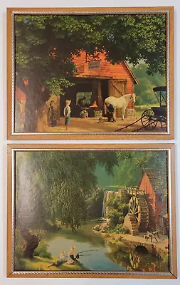 Paul Detlefsen Framed Blacksmith Horse Buggy & Mill Fishing Pond Vtg Litho Print • $59.95