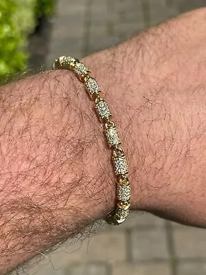 Men's Barrel Bracelet 14k Gold Plated Solid 925 Silver Icy CZ Flooded Out HipHop • $90.79