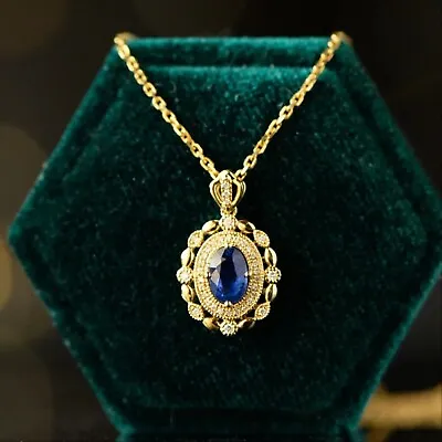 14K Yellow Gold Plated 2Ct Oval Lab-Created Women's Blue Sapphire Halo Pendant • $99