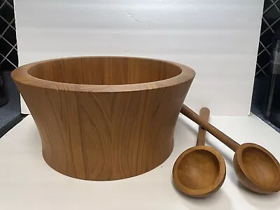 XL Mid Century Nissen Danish Modern Staved Teak Wood Salad Serving Bowl W/Scoops • $149.90