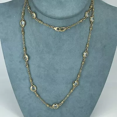 £10 • Buy M&S Bezel Set Necklace Gold Tone Clear Glass Crystal Layer Long 38”