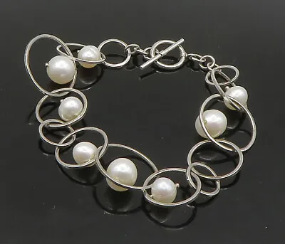 925 Sterling Silver - Vintage Cultured Pearl Open Circle Chain Bracelet - BT8935 • $68.95