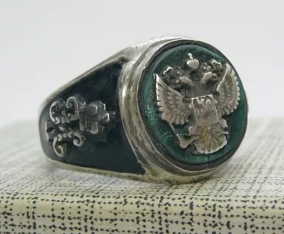 Antique Ring Silver 88 Malachite Double Eagle Imperial Russia Enamel • $199