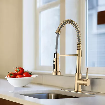 Brushed Gold Pull Down Single Handle  Spring Kitchen Sink Faucet With Deck Plate • $49