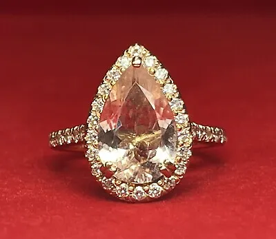 Fine 14K Rose Gold Pear Shaped Morganite Diamond Halo Ring Size 5 • $1080