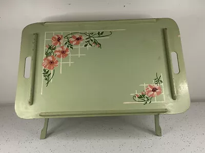 1940s Vintage Large Painted Adjustable Tilting Wooden TV Bed Tray In Mint Floral • $149.95