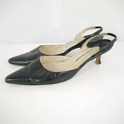 Manolo Blahnik Vintage Slingback Heels Pointed Toe Leather Black Size 37 / UK 4 • £2.83