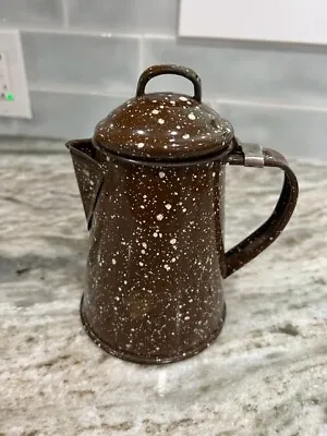 Vintage Enamel Coffee Pot Mini Bronze Speckled Camping Hinged Lid Rare • $45
