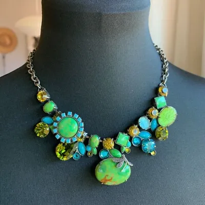 Signed Mary DeMarco Silver Tone Blue Turquoise Green Dragonfly Necklace 19.5  • $129