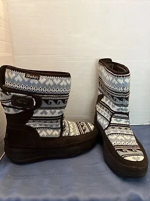 Womens Skechers Tone Ups Winter Boots Mid Calf Fur Lined Blue Brown Size 8 • $24