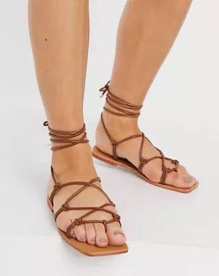 London Rebel Square Toe Strappy Tie Up Flat Sandals In Tan Size UK 3 • £9.99