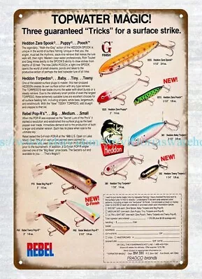 1990 Fishing Lures Baits Rebel Heddon Top Water Metal Tin Sign Home Decor • $18.99