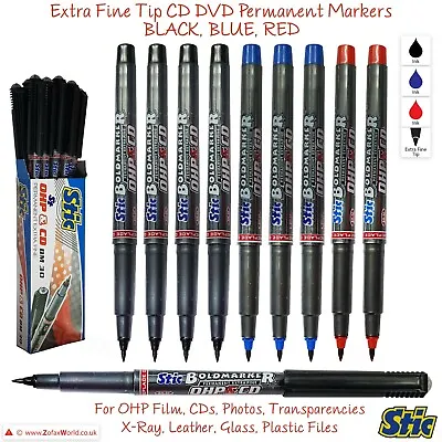 STIC Extra Fine BLACK BLUE RED Smooth Surface Permanent CD OHP DVD Marker Pens • £2.85