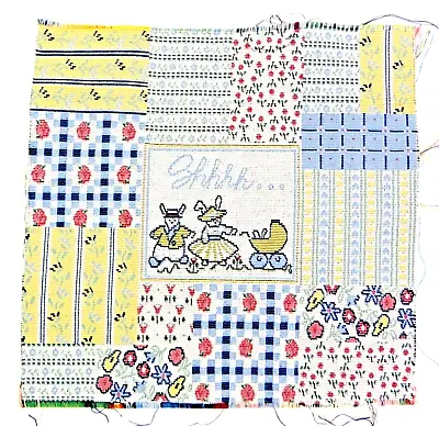 Shhh Sleepy Baby Bunny Calico Tapestry Pillow Top 13  Square Panel Patchwork • £10.37