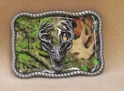 Belt Buckle Camouflage Background With Raised Deer Head Pewter Rectangle • $15