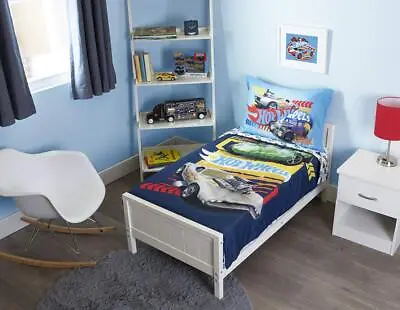 Hot Wheels Race Car 4-Piece Toddler Bedding Set - Includes Quilted Comforter Fi • $53.81