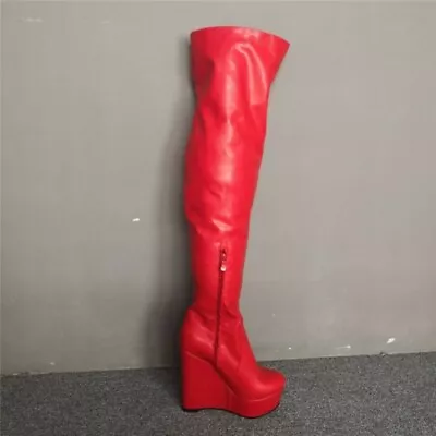 Red Women Wedge High Heel Platform Side Zip Over Knee High Boots Nightclub 35-47 • $89.31