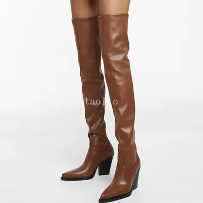 Occident Pointed Toe Womens Over The Knee High Block Heels Boots Pull On Western • $112.49