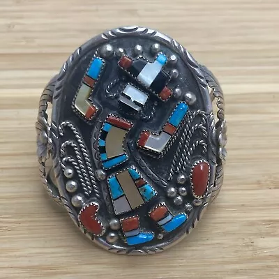 Native American￼ Silver & Turquoise Inlay Zuni Rainbow Man Kachina Cuff Bracelet • $824.95