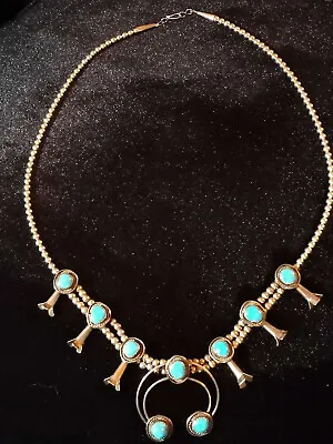 Vintage Native American Petite Turquoise And Silver Squash Blossom Necklace • $487.50