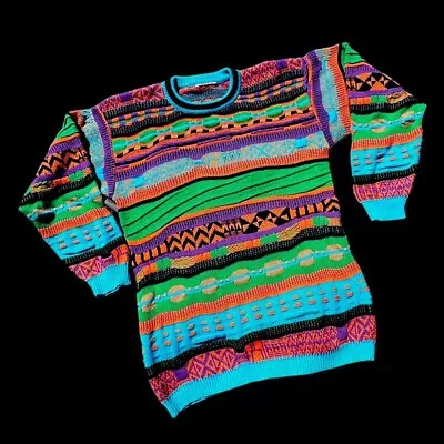 Vintage Coogi Style Sweater 80s 90s Bright Knit Blue Orange 3d Chunky Sz M • $34