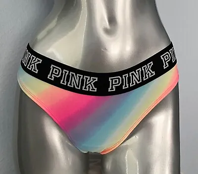 PINK Victorias Secret Thong Panty Nwt Rainbow Sexy Logo Band Cotton Blend • $8.99