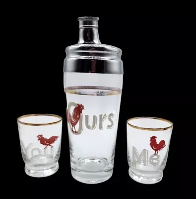 Vintage Cocktail Shaker Shot Glasses Me You Ours Barware Bar Set Red Rooster MCM • $39.99