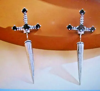 Gothic Punk Dagger Sword Earrings Silver Tone W/ Black Rhinestones • $5.99