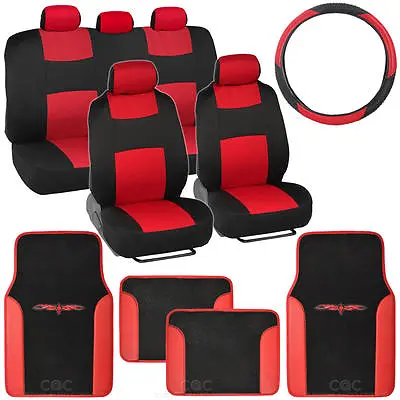 $54.95 • Buy Black & Red Full Bench Seat Cover 14Pc Full Set W/ 2 Tone Vinyl Trim Floor Mat