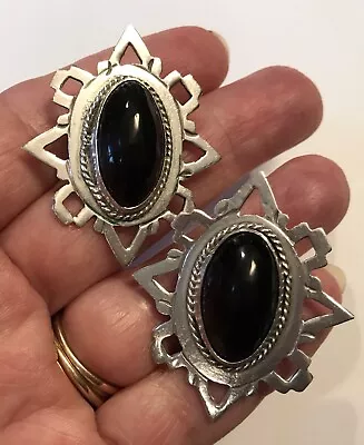 Vintage Taxco Mexico Sterling Silver 925 Onyx Pierced Edge Clip On Earrings • $12.99