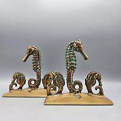 Pair Virginia Metalcrafters E.T. Hurley Style Patinated Brass Seahorse Bookends • $187.50