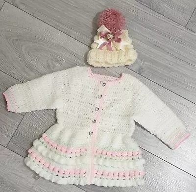 Brand New Baby Girl Hand Knitted Set Dress And Hat Size 0- 3months  • £24.99