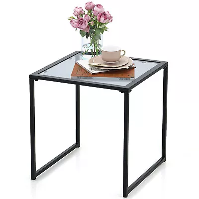 Patio Side Table Outdoor 43CM Tempered Glass End Coffee Table For Porch Garden • $38.95