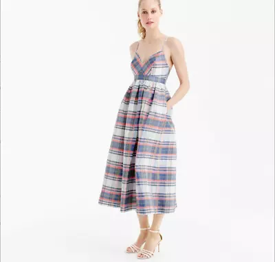 J. Crew Blue Pink Silk Dress Size 4 Plaid Madras Silk Spaghetti Strap Shantung • $98.93