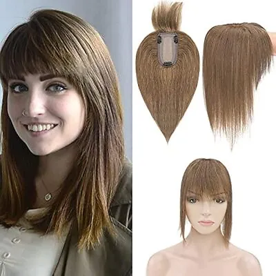 Hairpiece 100% Real Human Hair Toppers With Bangs 150% Silk Base Clip In Topper • $65.99