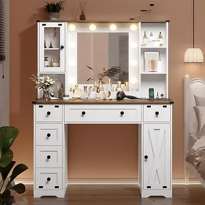 Farmhouse Makeup Vanity Desk With 6 Drawers & 2 Cabinets LED Dressing Desk White • $269.89